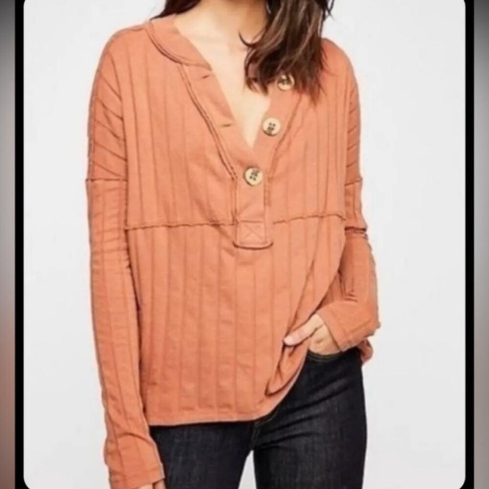 Free People We The Free In the Mix Henley Ribbed Long Sleeve Shirt Large Orange